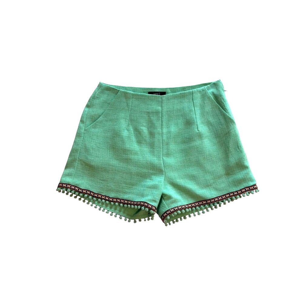 Very J Women's Tailored Chino Shorts Boho Teal Blue Green Pom Pom Accents Size M